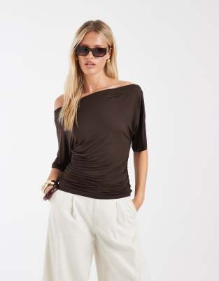 Noisy May Boatneck Top With Ruched Detail In Brown