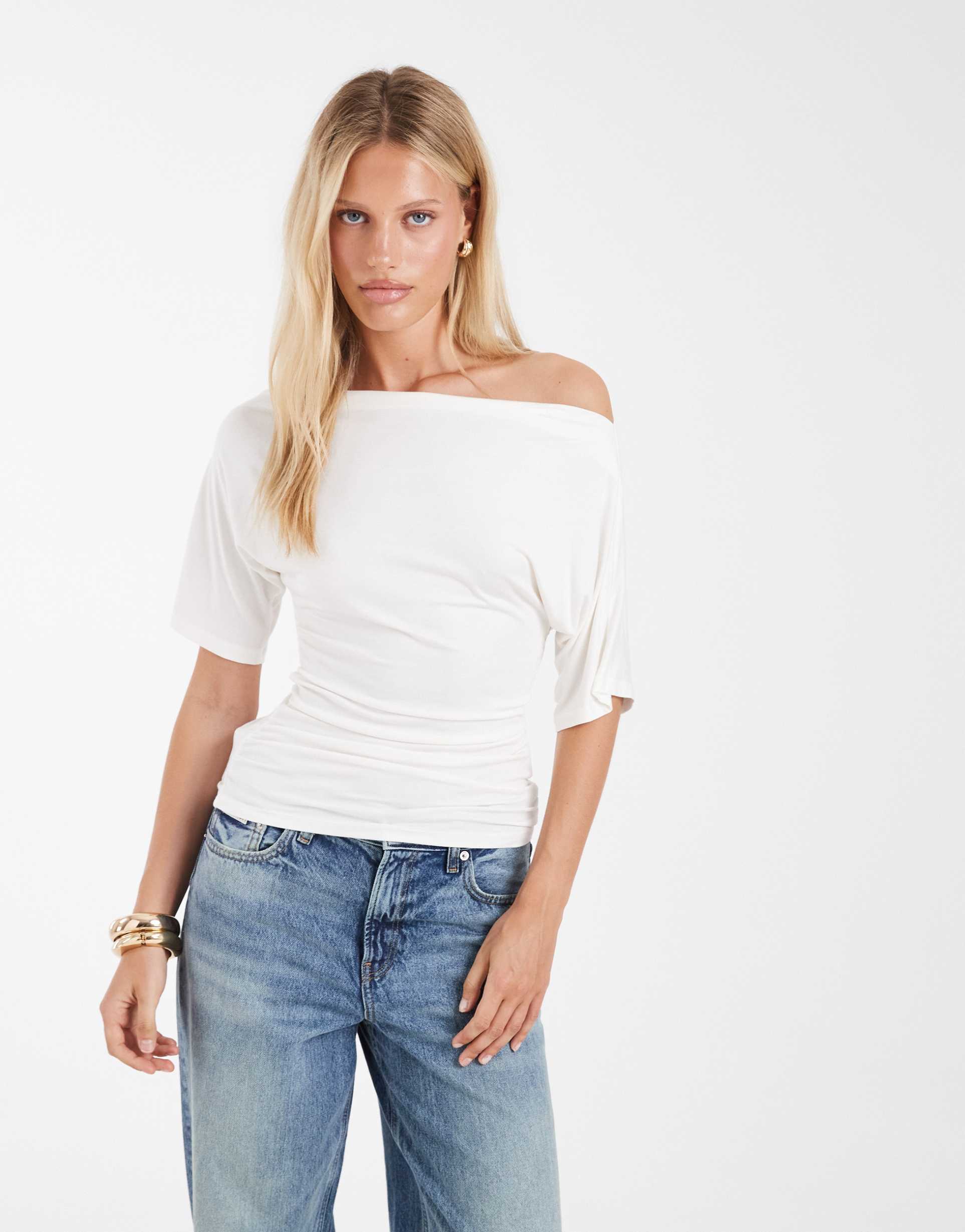 noisy may boatneck top with ruched detailing in white