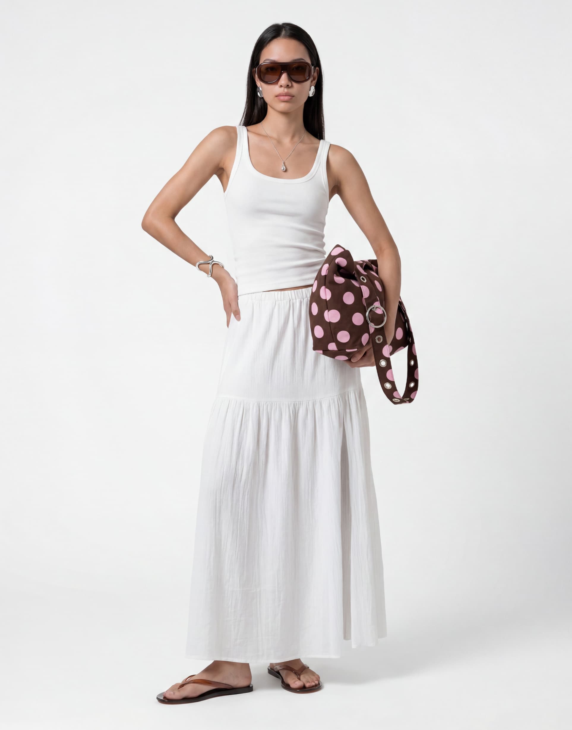 noisy may boho pleated maxi skirt with side slit in white