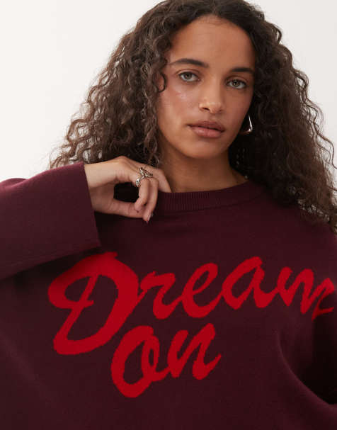 Noisy May crew neck boxy knit in burgundy with red