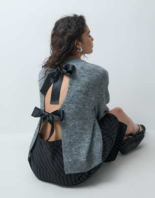 Noisy May Bow Detail Sweater In Gray