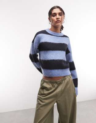 Noisy May Boxy Crew Neck Brushed Knit Sweater In Blue