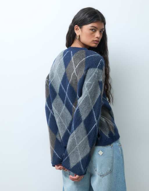 Noisy May boxy crew neck knit jumper in navy argyle, 4 of 4