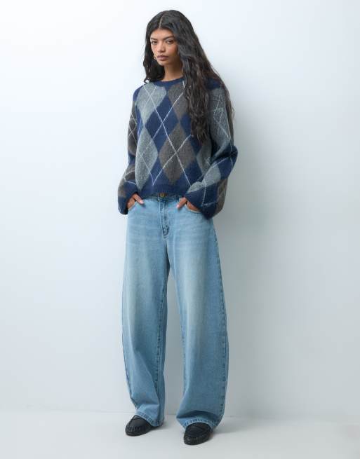 Noisy May boxy crew neck knit sweater in navy argyle, 2 of 4