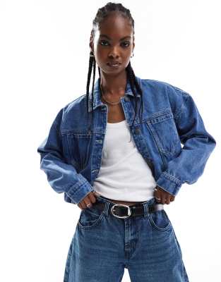 Noisy May - Boxy cropped denim jack in mid-wash blauw - view 1
