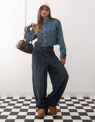Noisy May Boxy Cropped Denim Shacket In Dark Blue