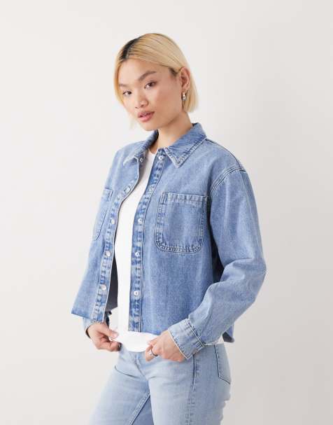 Noisy May boxy denim shirt with raw hem in light wash blue - view 1