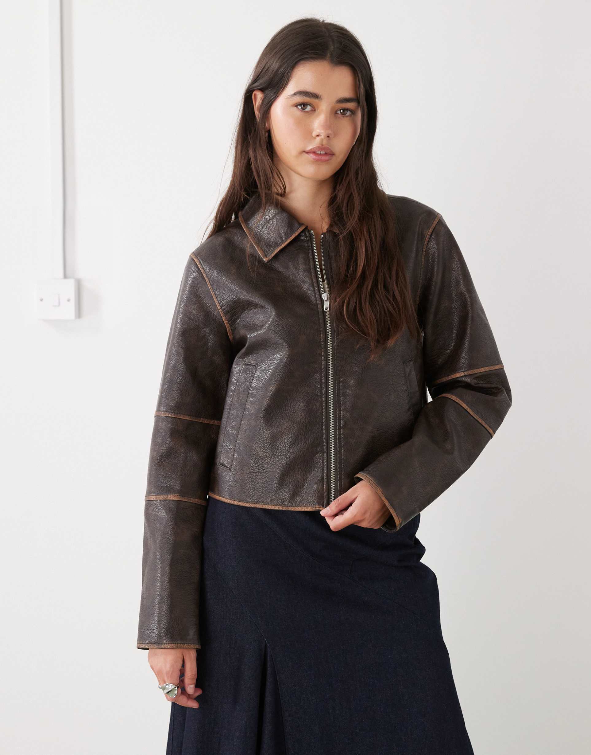 noisy may boxy faux leather jacket in brown with contrast detail