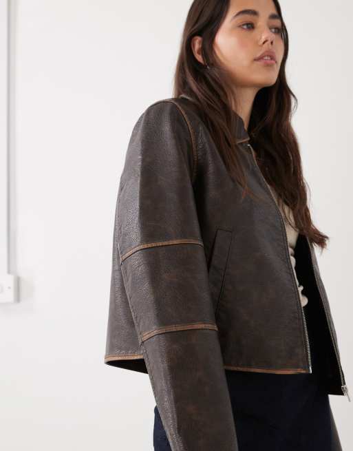 Noisy May boxy faux leather jacket in brown with contrast detail, 2 of 4