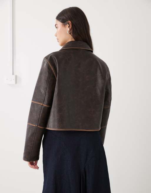 Noisy May boxy faux leather jacket in brown with contrast detail, 4 of 4