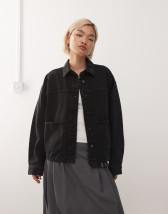 ASOS EDITION denim bomber jacket with tab sleeve detail in washed black
