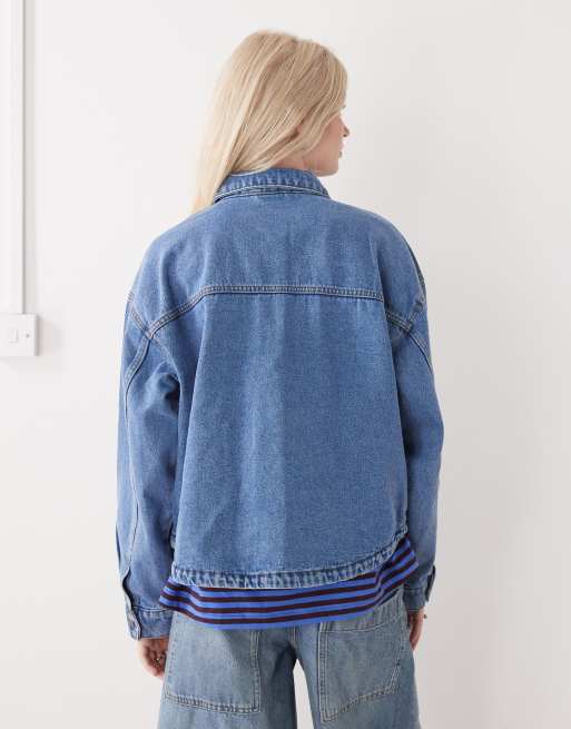 Noisy May boxy fit denim jacket in mid blue denim, 4 of 4