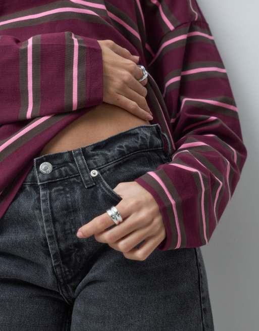 Noisy May boxy langærmet top i bordeaux og pink stribe, 2 af 4