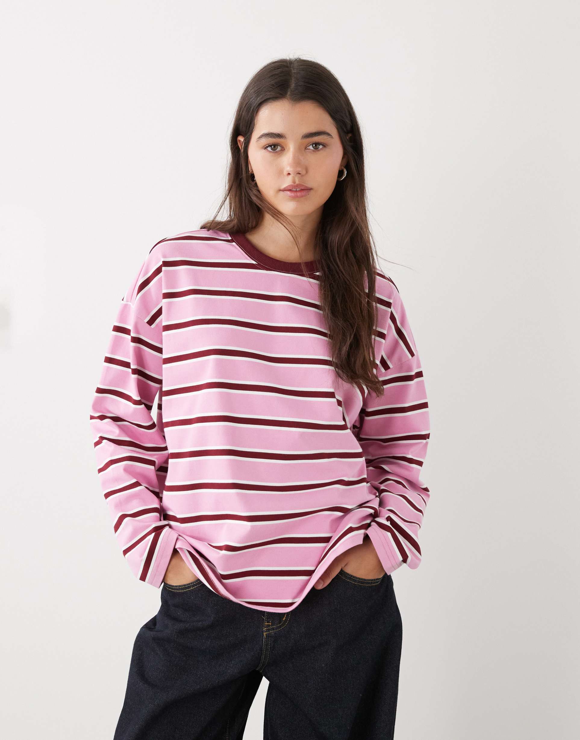 noisy may boxy long sleeve top in pink & red stripes