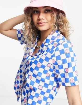 Noisy May boxy shirt co-ord in happy face checkerboard print