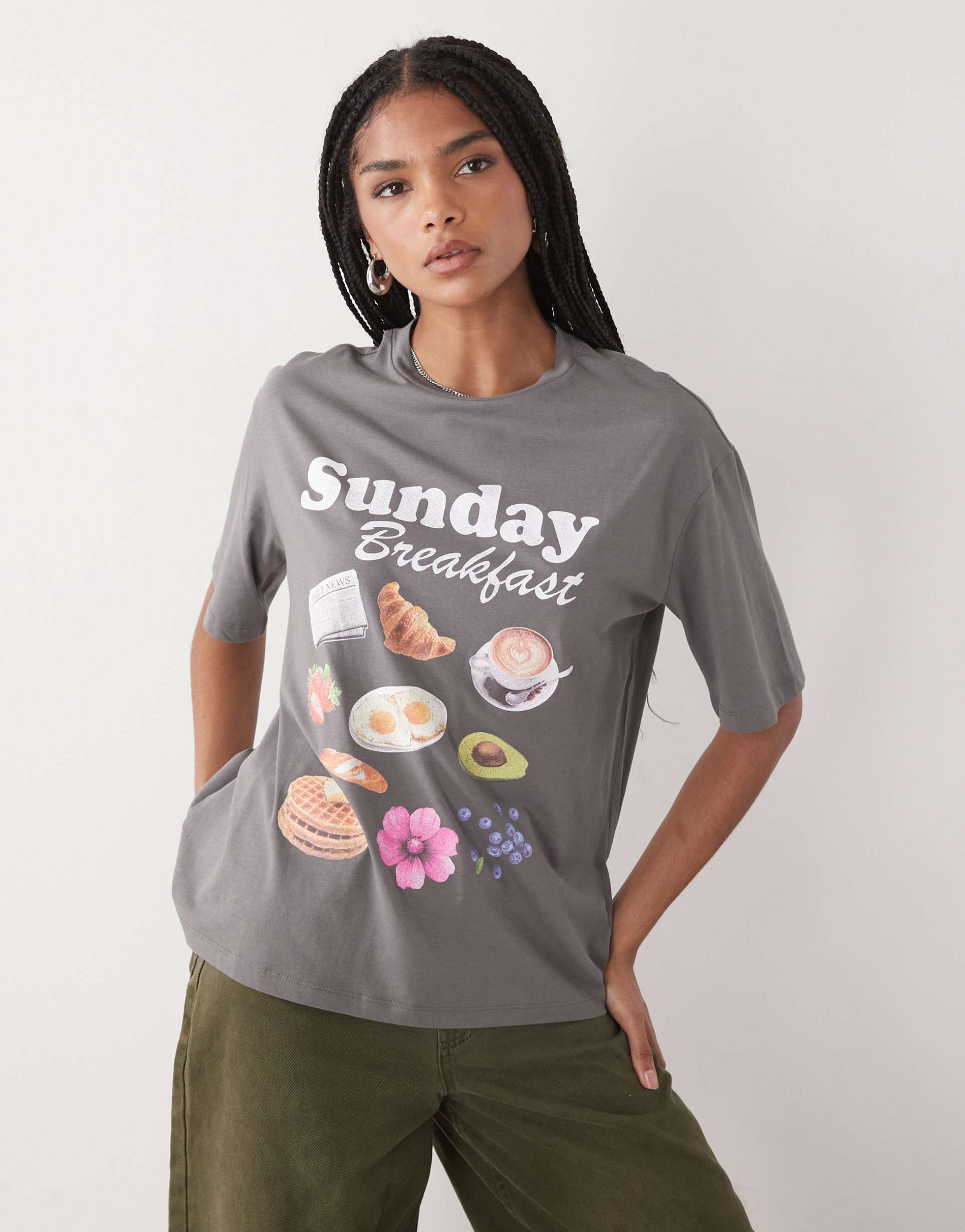 noisy may boxy t-shirt with breakfast graphics in gray