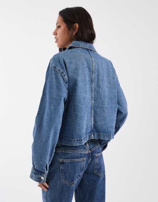 Noisy May boxy zip thru denim jacket in vintage mid blue, 2 of 4