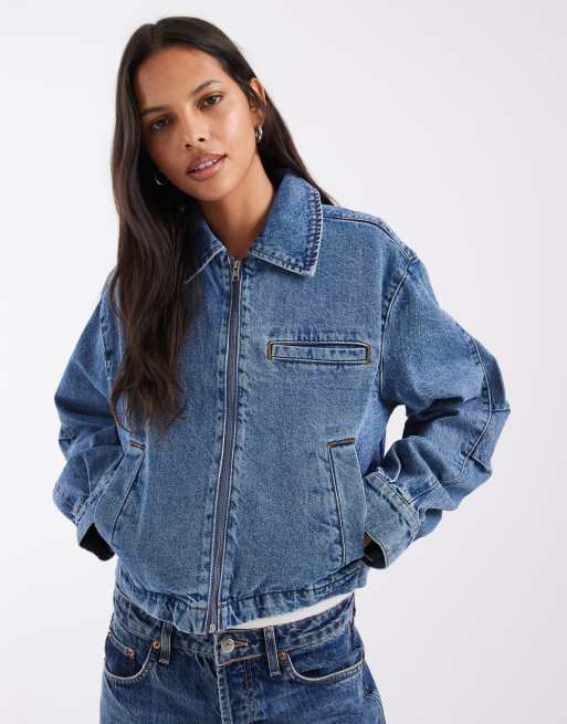 Noisy May boxy zip up denim jacket in vintage mid blue, 1 of 4