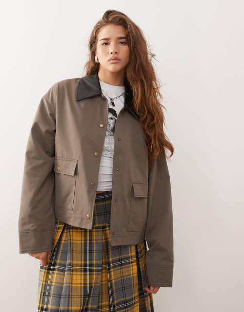 Noisy May barn jacket with faux leather collar detail in brown