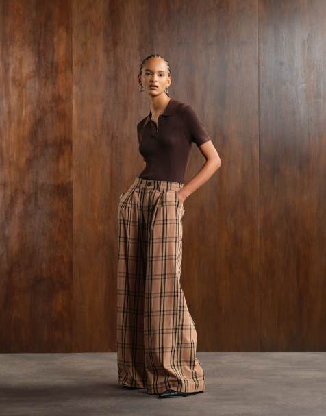 Noisy May high waist wide leg trousers with pleat detail in brown check