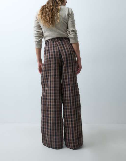 Noisy May broek met hoge taille en wijde pijpen in chocoladebruine ruit, 2 van 5