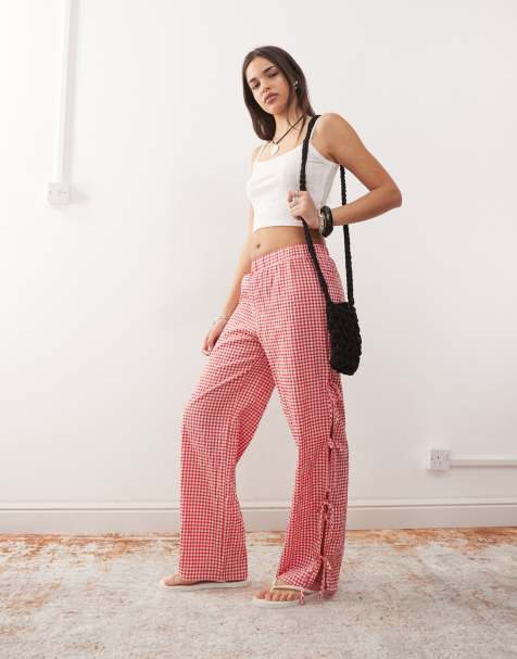 Noisy May - Broek met wijde pijpen en strikdetail aan de zijkant in rode gingham ruit - view 1
