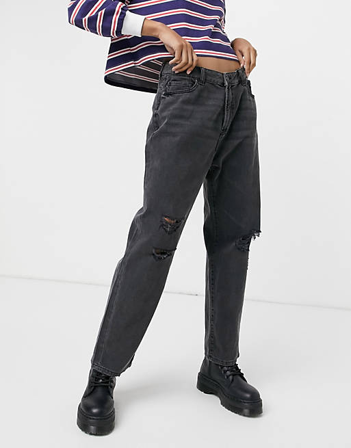 Noisy May Brooke dad jeans with rips in washed black denim