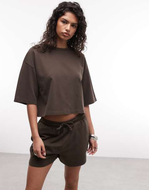 Noisy May – Brun, tvättad t-shirt i kort modell med boxig passform, del av set - view 1