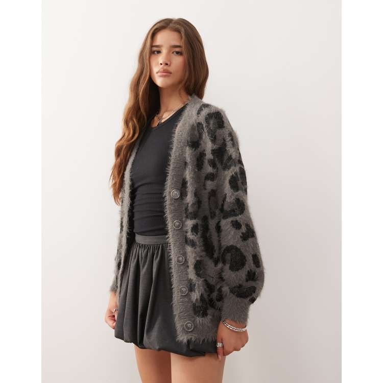 Noisy May brushed knit leopard cardigan in gray | ASOS