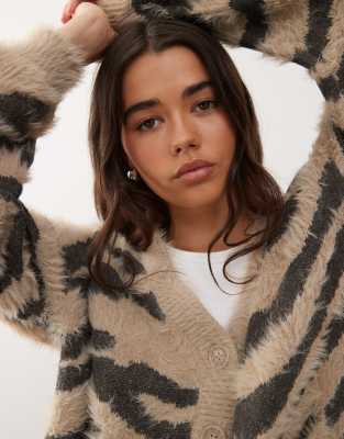Noisy May Brushed Knit Zebra Cardigan In Neutral