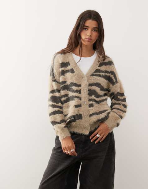 Noisy May brushed knit zebra cardigan in beige and grey - view 1