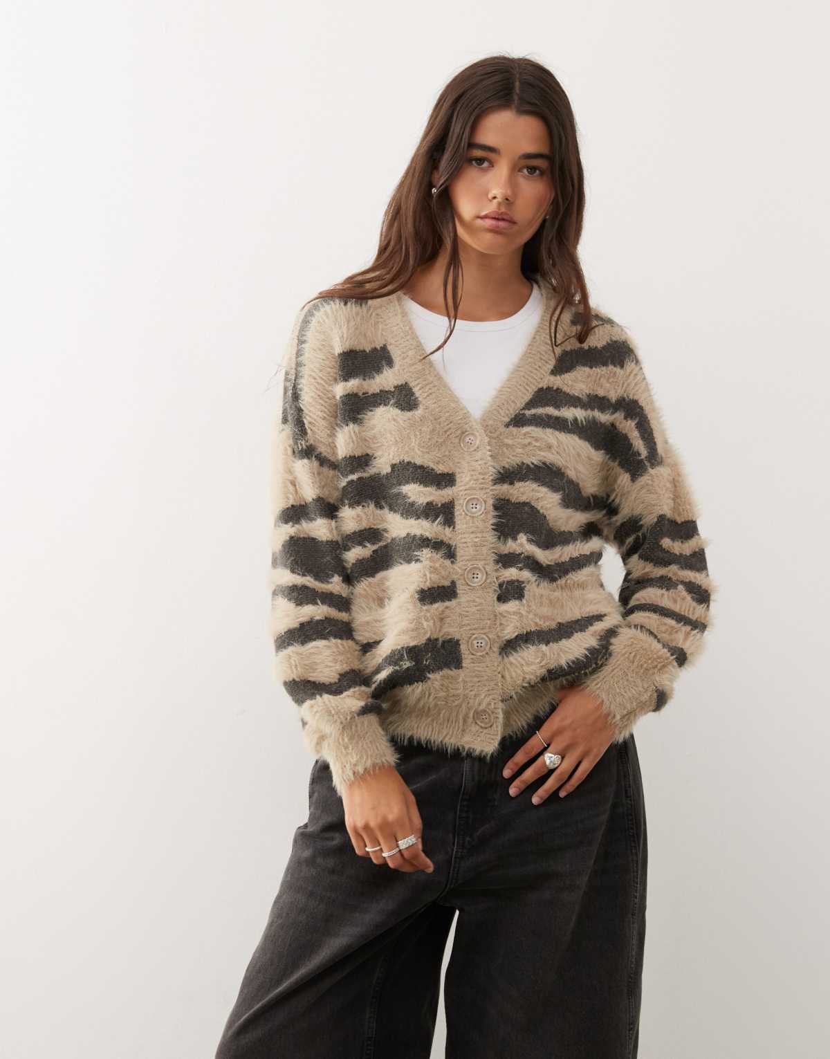 Noisy May brushed knit zebra cardigan in beige and grey