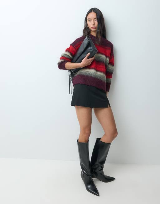 Noisy May brushed knitted jumper in burgundy & red stripes, 2 of 5