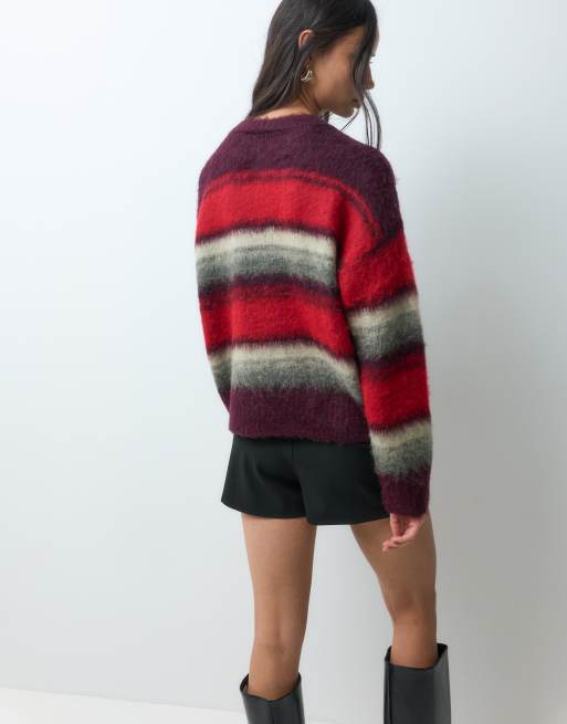 Noisy May brushed knitted jumper in burgundy & red stripes, 4 of 5