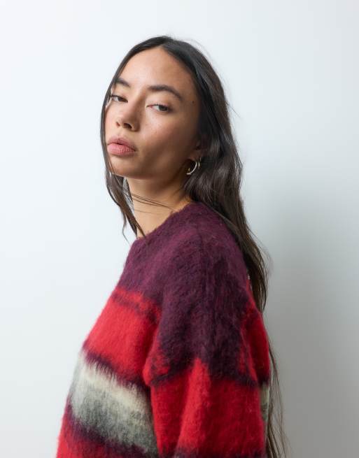 Noisy May brushed knitted jumper in burgundy & red stripes, 5 of 5
