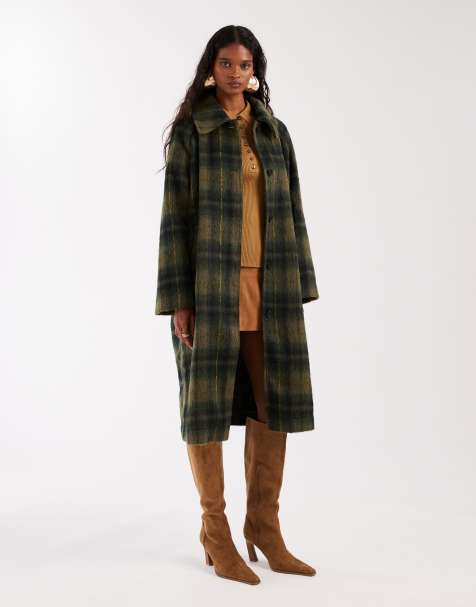 Noisy May brushed wool look maxi overcoat in dark green check - view 1