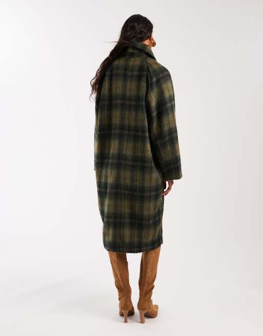 Noisy May brushed wool look maxi overcoat in dark green check, 4 of 4