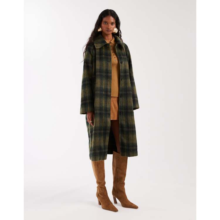 Noisy May brushed wool look maxi overcoat in dark green plaid | ASOS