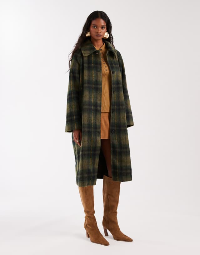 Noisy May brushed wool look maxi overcoat in dark green plaid | ASOS