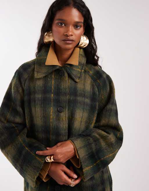 Noisy May brushed wool look maxi overcoat in dark green plaid | ASOS