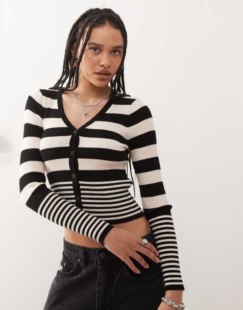 Noisy May button through cardigan in black and cream stripe - view 1