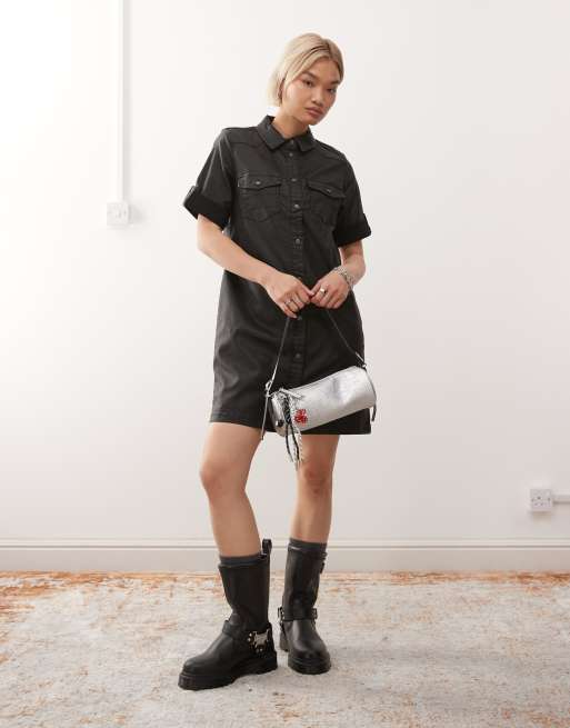 Noisy May button through coated dress in black, 3 of 4