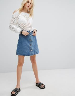 button through denim skirt