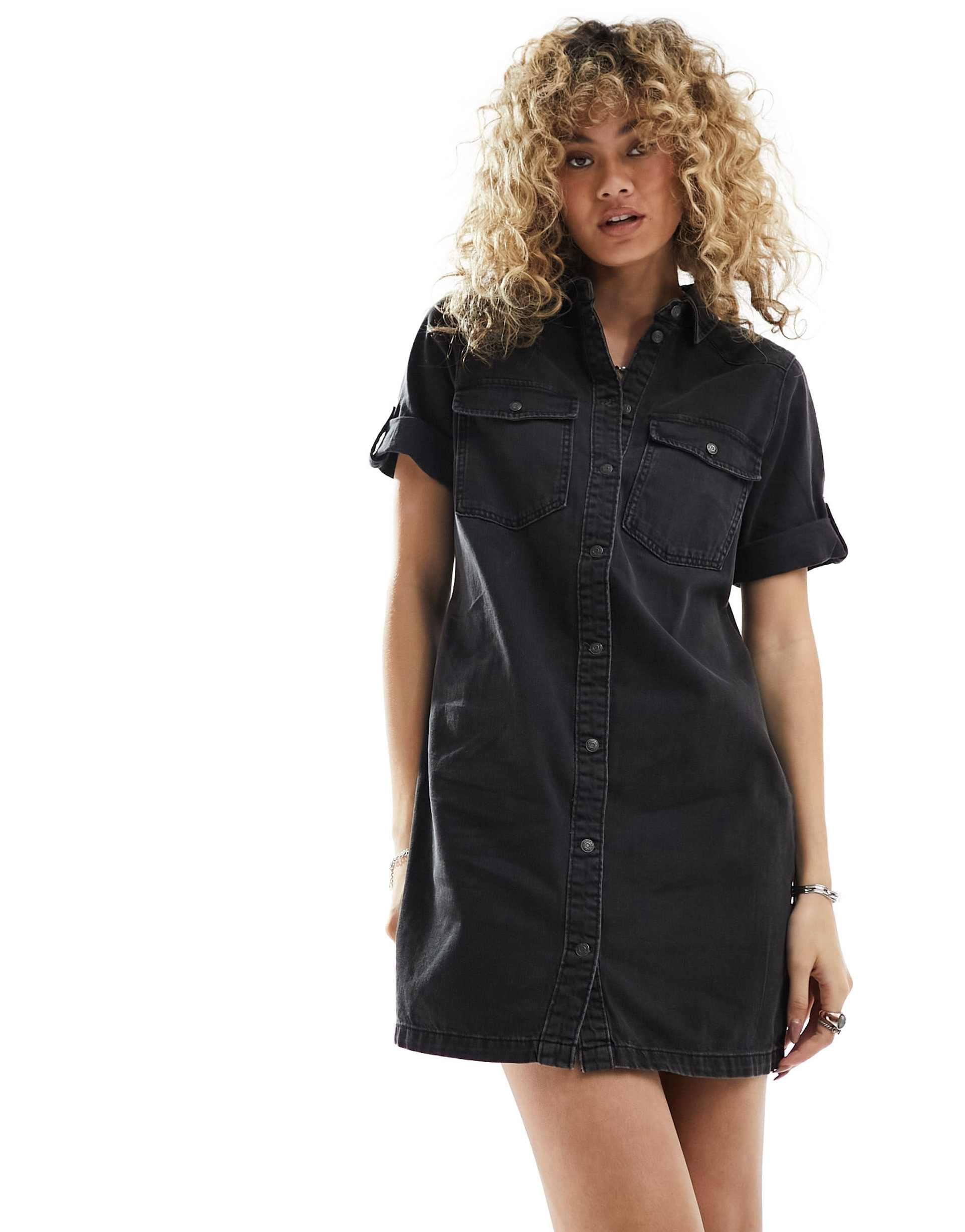 noisy may button up denim dress in washed black