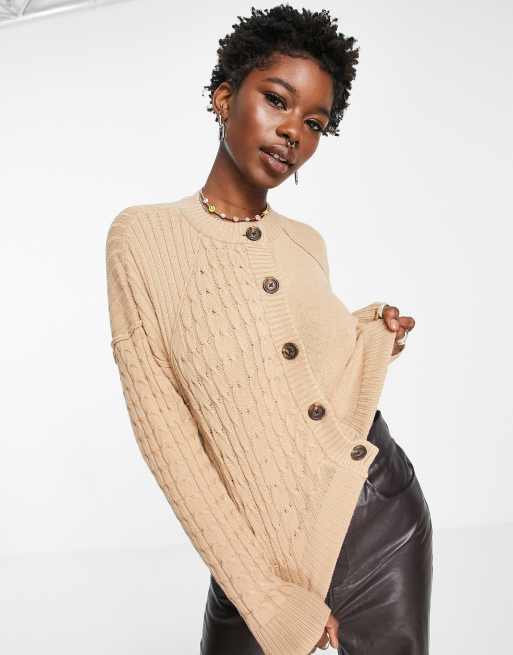 Noisy May cable knit button up cardigan in beige ASOS