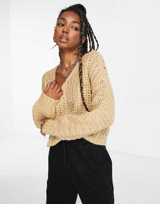 Noisy May cable knit v neck sweater in camel