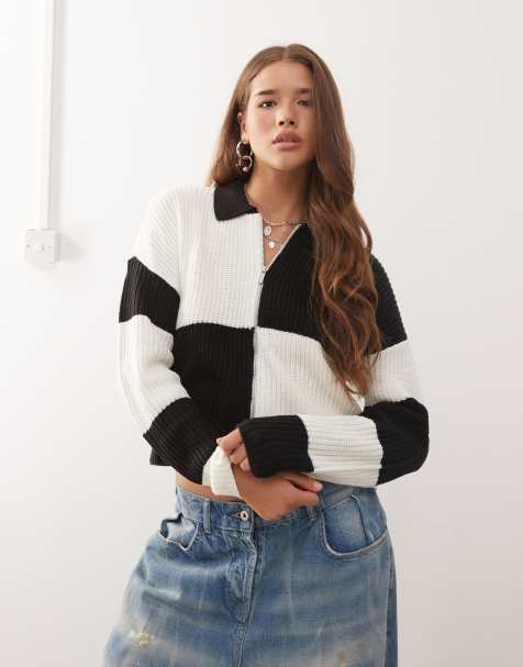Noisy May cable knit zip through polo in black & white - view 1