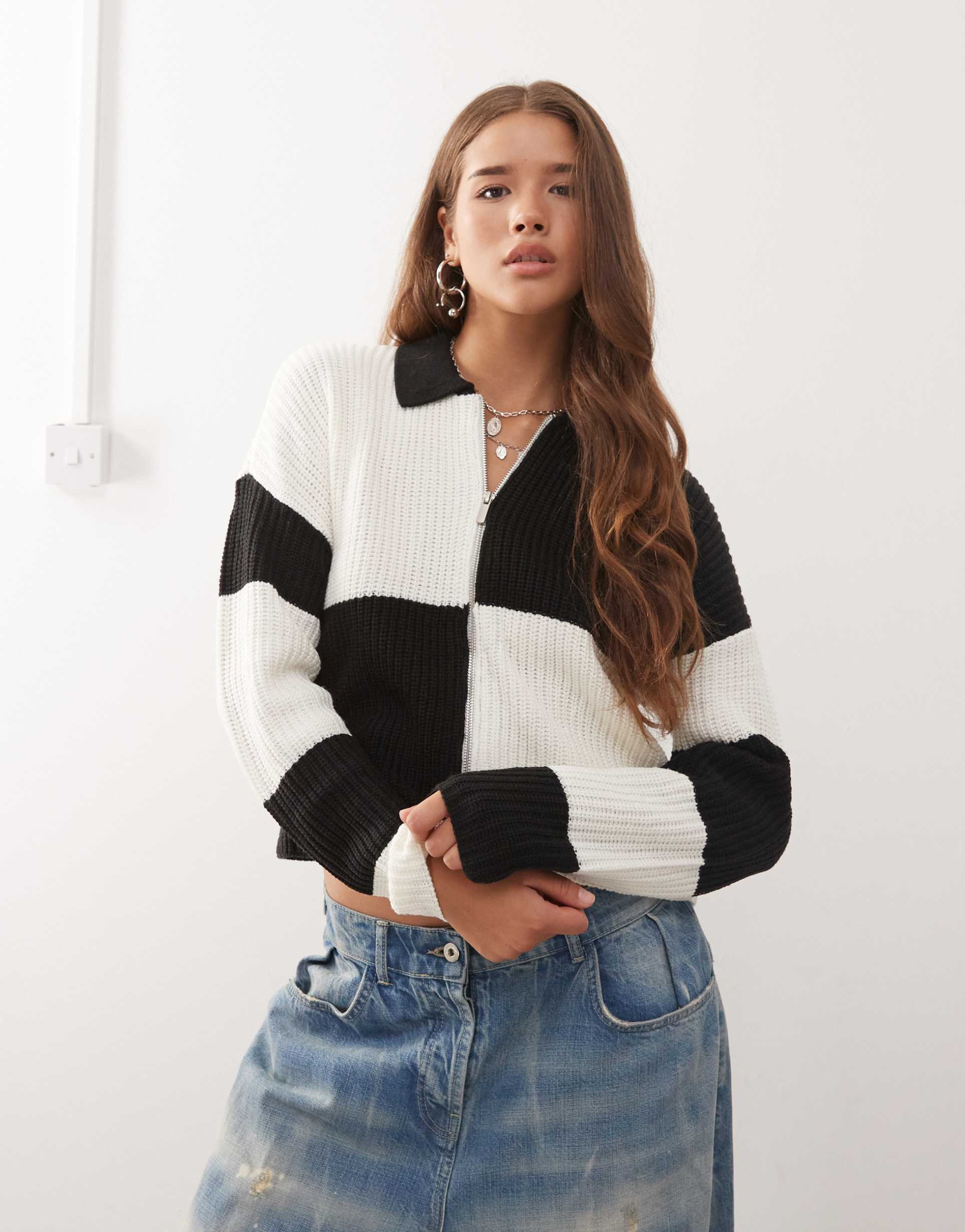 noisy may cable knit zip through polo in black & white