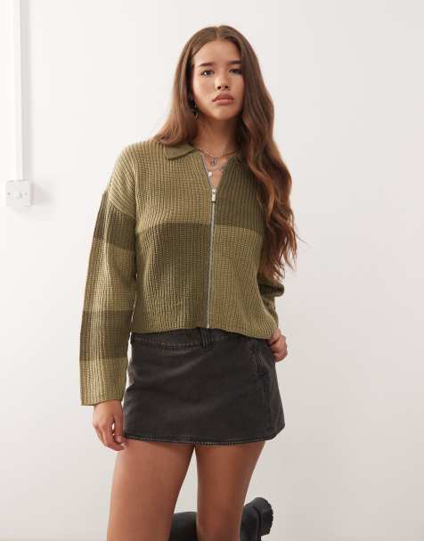 Noisy May cable knit zip up polo in khaki - view 1