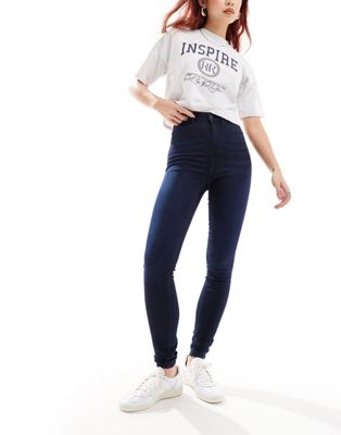 Shop Noisy May Callie High Rise Skinny Jeans In Dark Blue
